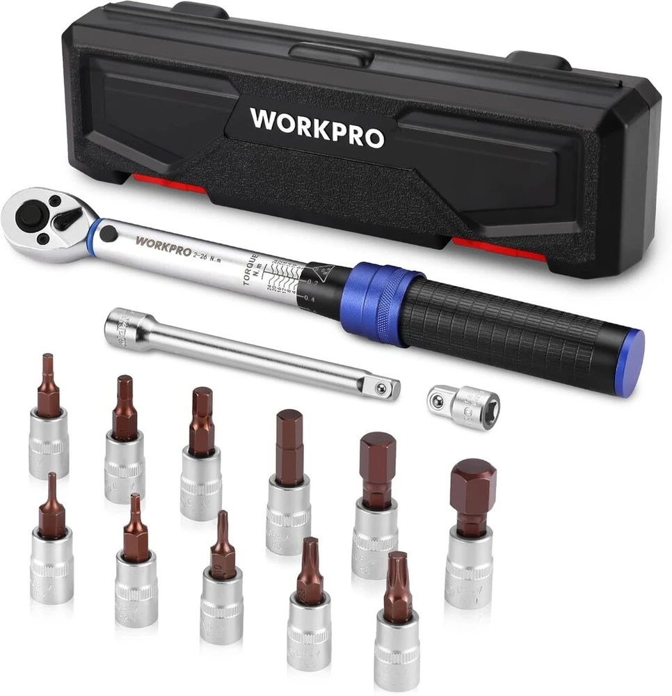 Workpro dinamometrinis raktas 1/4 colio, dinamometrinių raktų rinkinys su 14 priedų, 2–26 n·m