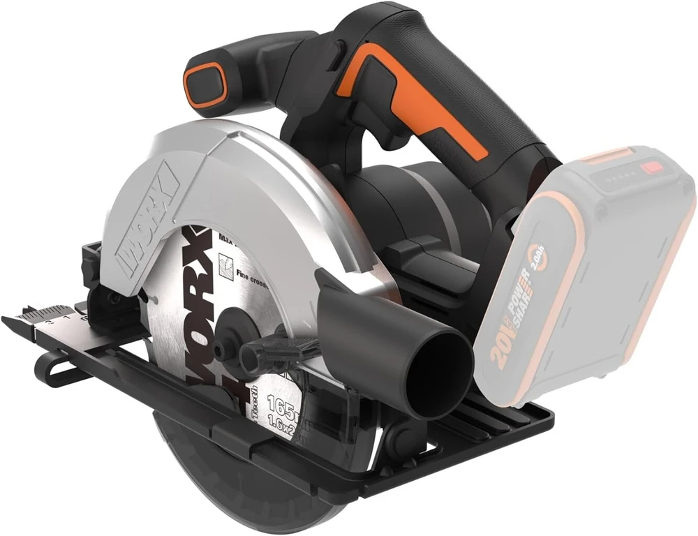 Worx Wx526.9 akumuliatorinis diskinis pjūklas 20v - 165mm pjūklo diskas - 0-50° pakreipimo kampo reguliavimas be įrankių - 55mm maksimalus pjūvis (90°) - kompaktiškas dizainas - siurbimo adapteris - akumuliatorius ir įkroviklis nepridedami