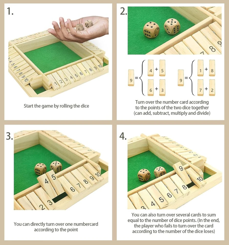 Wsgalary shut the box žaidimas 4 žaidėjams, medinis stalo žaidimas, mediniai matematiniai stalo žaidimai, tradicinis pub lošimo kauliukais žaidimas, kelioniniai šeimos stalo žaidimai, matematiniai žaidimai vaikams ir suaugusiems