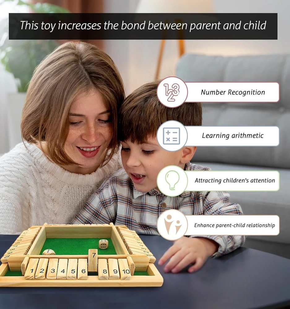 Wsgalary shut the box žaidimas 4 žaidėjams, medinis stalo žaidimas, mediniai matematiniai stalo žaidimai, tradicinis pub lošimo kauliukais žaidimas, kelioniniai šeimos stalo žaidimai, matematiniai žaidimai vaikams ir suaugusiems