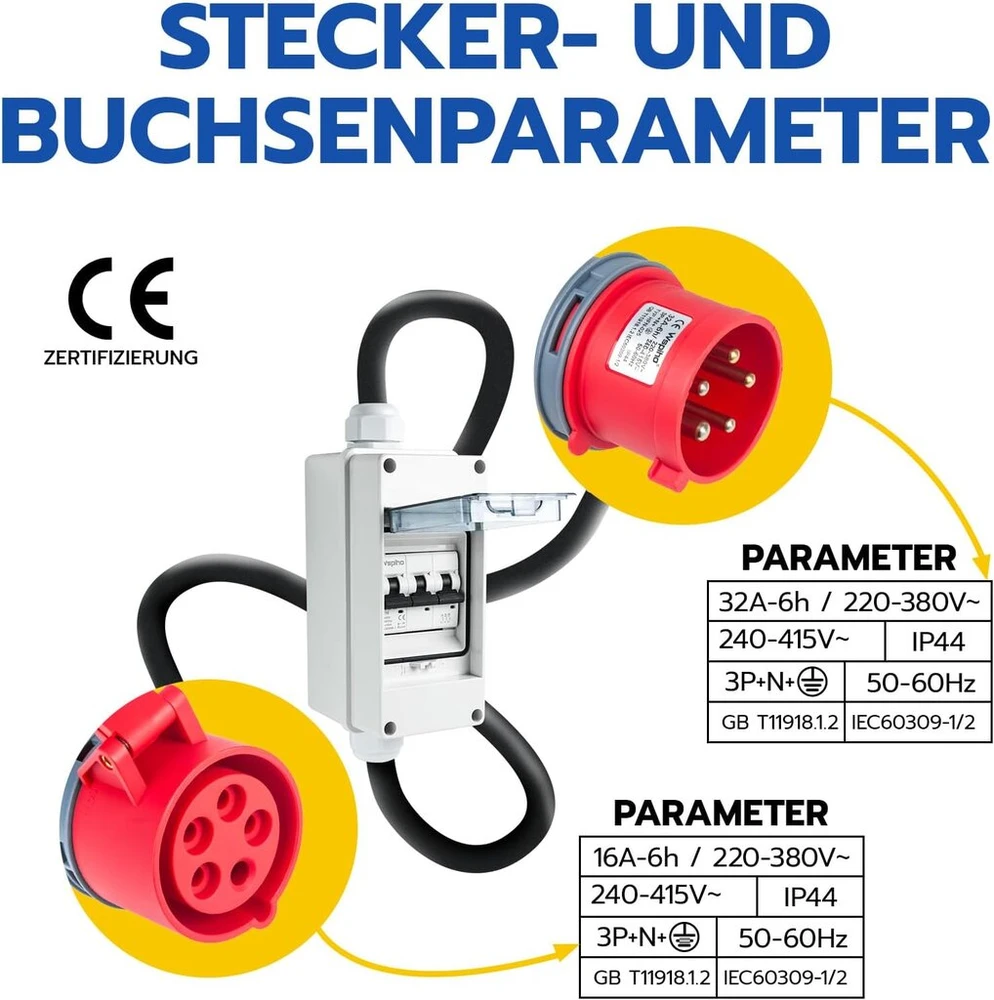 Wspiho Cee adapteris 32a į 16a 230v su grandinės pertraukikliu Ip44 5 kontaktų kištukas ir jungtis su 2.5 mm² Cee ilginamuoju kabeliu