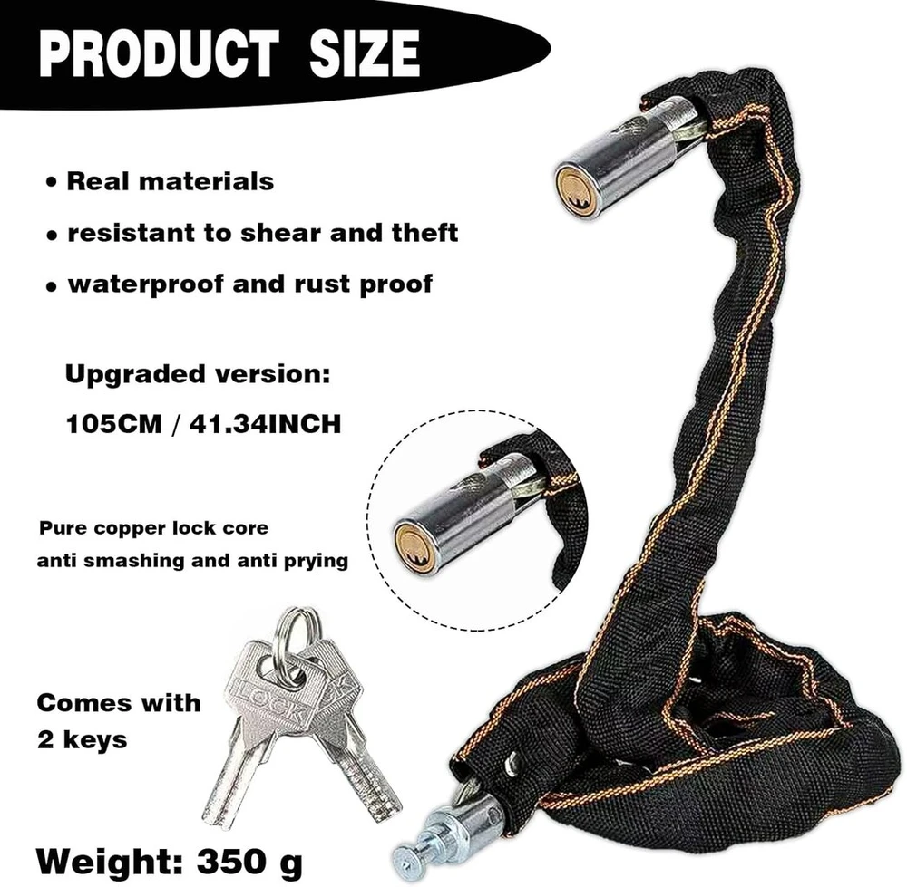 Wuerkiya Premium dviračio spyna - 107 cm, juoda, klaviatūra, spyna, dviračio kodinė spyna dviračiams, el. dviračiams, motociklams, vežimėliams, vejapjovėms, griliams, tvoros vartams ir kt., 2 raktai