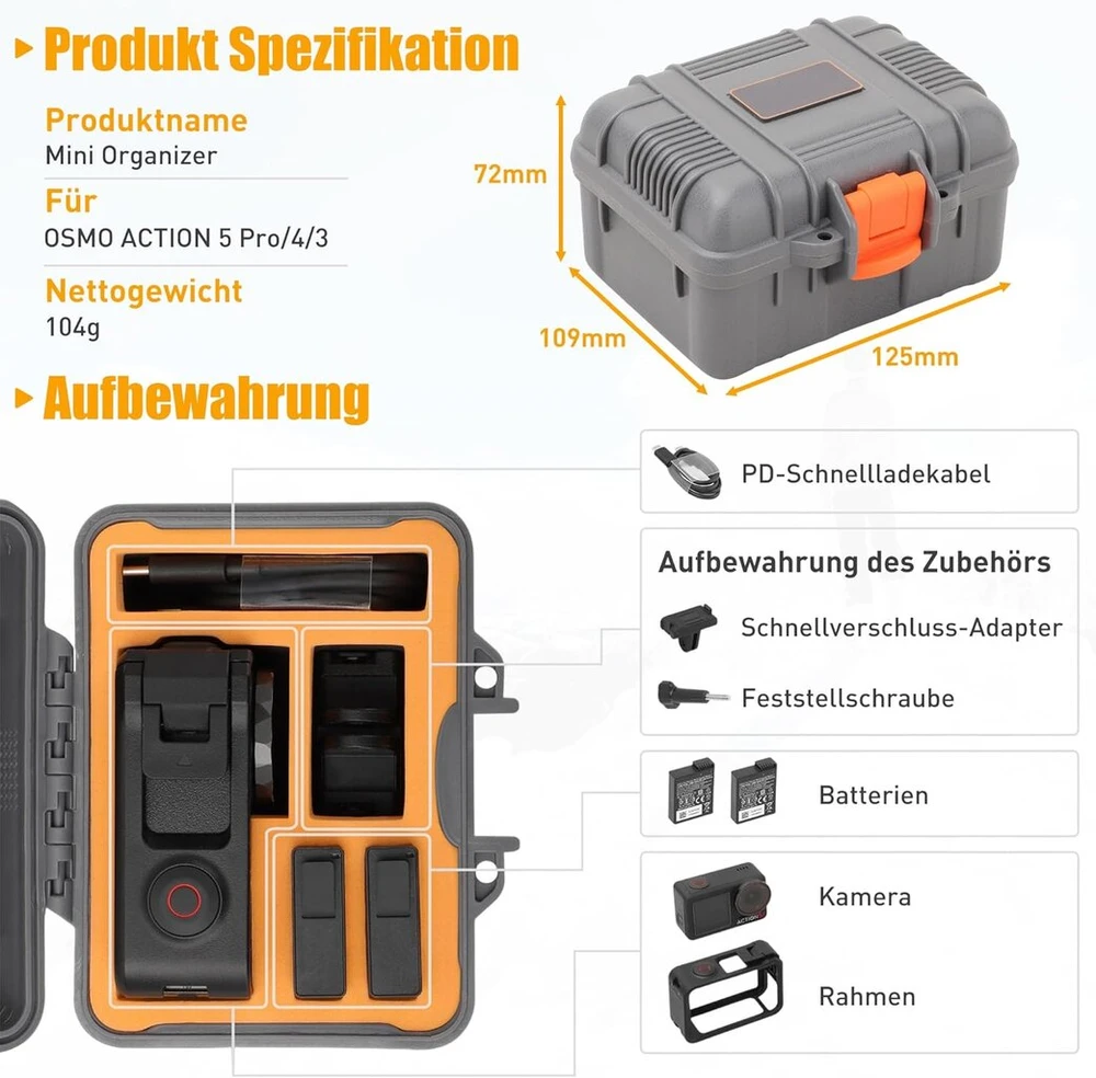 Wuisolqp Mini dėžutė Dji Osmo Action 5 Pro/4/3 priedams, vandeniui atsparus saugos dėklas, suderinamas su Dji Osmo Action 5 / Action 4 / Action 3 veiksmo kamera, pilka, dėklas