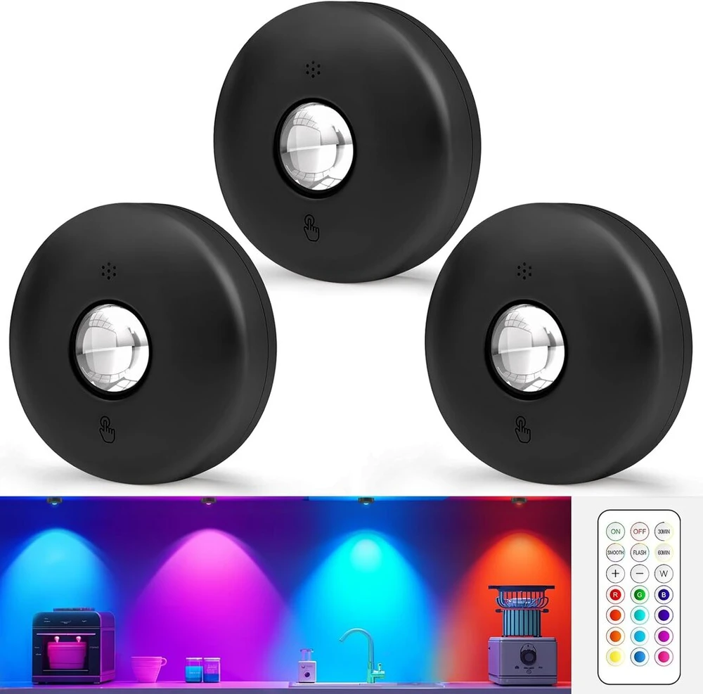 Wuyor led belaidis spintelių apšvietimas su nuotolinio valdymo pulteliu, rgb šviestuvas po spintele, maitinamas baterijomis ir pritemdomas, 13 spalvų, laikmatis, magnetinis laikiklis, led šviestuvas virtuvei, drabužių spintai, 3 vnt., juodas