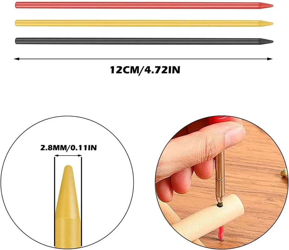 Wwyssz 24 vnt. 2,8 mm šerdelės dailidės pieštukui gilių skylių žymeklio atsarginės šerdelės Hb dailidės pieštukui, skirtos dailidės darbams, eskizams, žymėjimui (raudona, geltona, juoda)