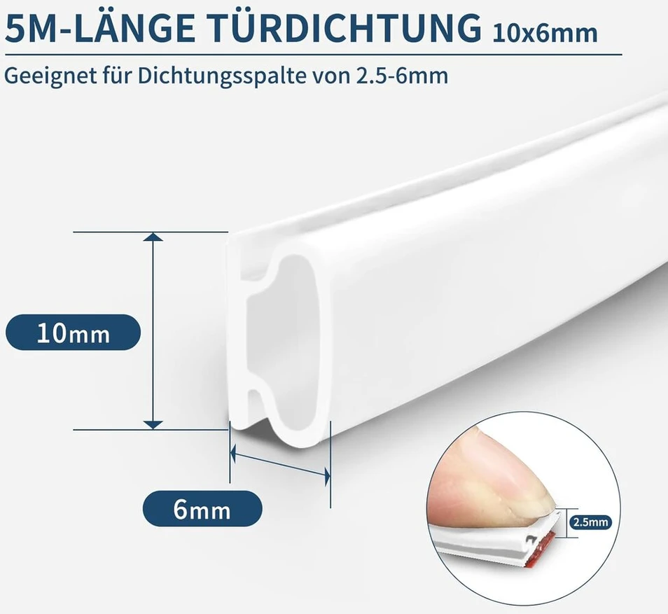Xeeinc 5 m durų sandarinimo juosta, lipni, 10 mm (p) x 6 mm (g), priekinių durų sandariklis
