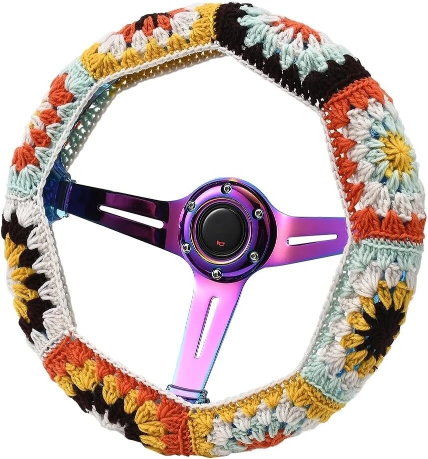 Xhuangtech automobilio vairo užvalkalas nertas 14"-15" minkštas neslystantis automobilio aksesuaras estetiškos dekoracijos moterims (boho spalvinga gėlė)