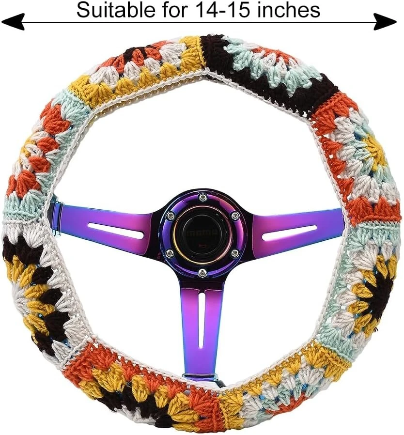 Xhuangtech automobilio vairo užvalkalas nertas 14"-15" minkštas neslystantis automobilio aksesuaras estetiškos dekoracijos moterims (boho spalvinga gėlė)