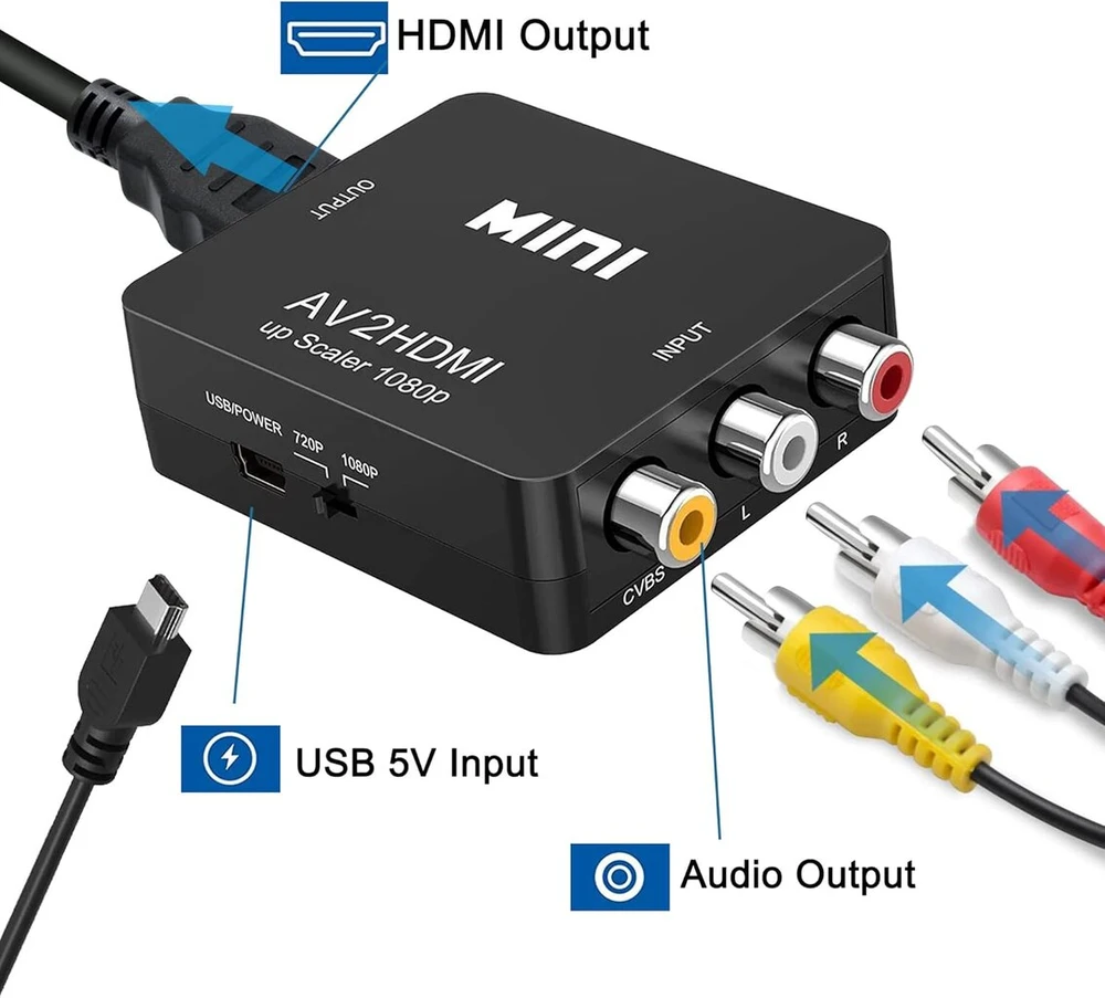 Televizorius Xmsjsiy Rca į Hdmi konverteris, Av į Hdmi, 1080p Rca Composite Cvbs vaizdo ir garso į Hdmi konverterio adapteris, palaikantis Pal/ntsc televizoriui Pc Vhs Vcr Dvd - juodas