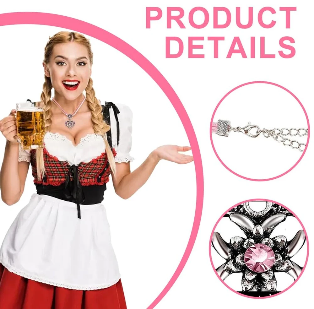 Xpex 3 dalių bavariškų dirndl papuošalų rinkinys: karoliai su kalnų krištolais, širdelės pakabukas su edelveisu ir edelveiso auskarai-vinukai moterims, alaus festivalio kostiumo dirndl aprangos aksesuarai