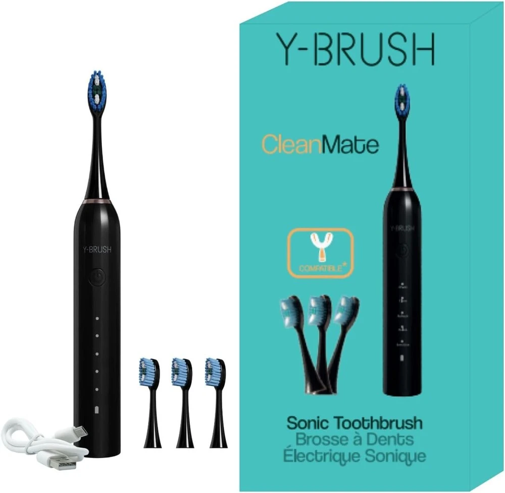 Y-brush Cleanmate Usb įkraunamas elektrinis soninis dantų šepetėlis - 2 mėnesių baterijos veikimo laikas - 5 valymo režimai - 4 šepetėlių galvutės - įmontuotas laikmatis