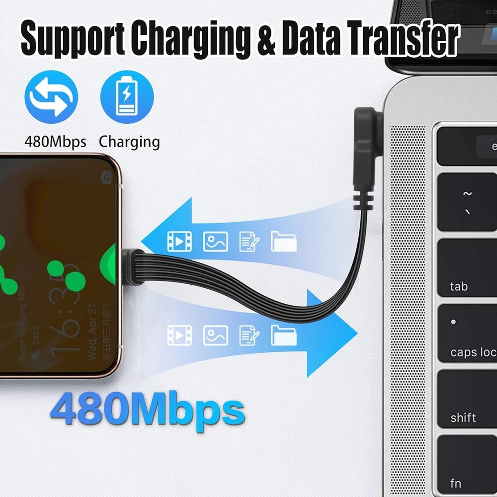 Yacsejao 90 laipsnių Usb C į Usb C kabelis, stačiu kampu Usb C 2.0 plokščias duomenų kabelis, 15 cm / 0,5 pėdos Type-c Male į Male, trumpas įkrovimo kabelis telefonams, nešiojamam kompiuteriui, automobiliniams įkrovikliams (šoninis į dešinį kampą)
