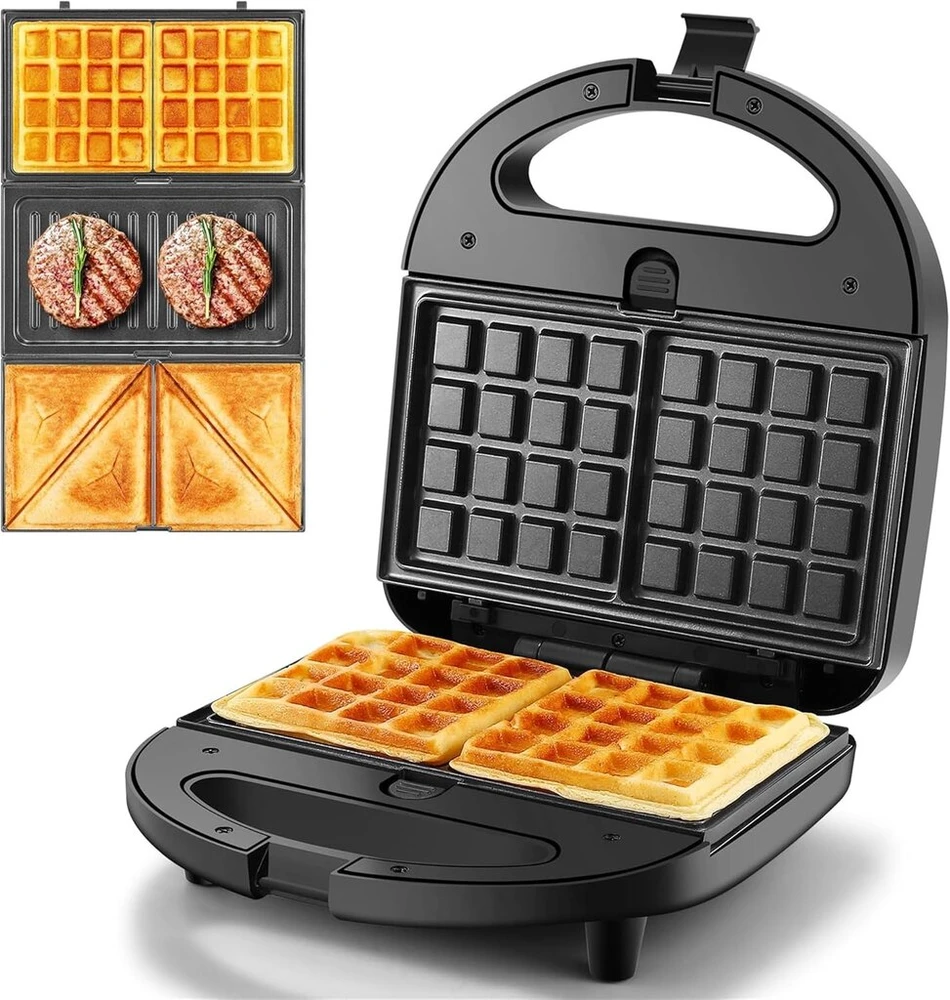 Sumuštinių keptuvas Yashe daugiafunkcis 3-in-1 sumuštinių gaminimo aparatas, sumuštinių skrudintuvas, kontaktinis grilis, vaflių keptuvė, panini aparatas, nelipnia danga dengtos nuimamos plokštės, 750 W, led indikatoriai, be bpa, juodas