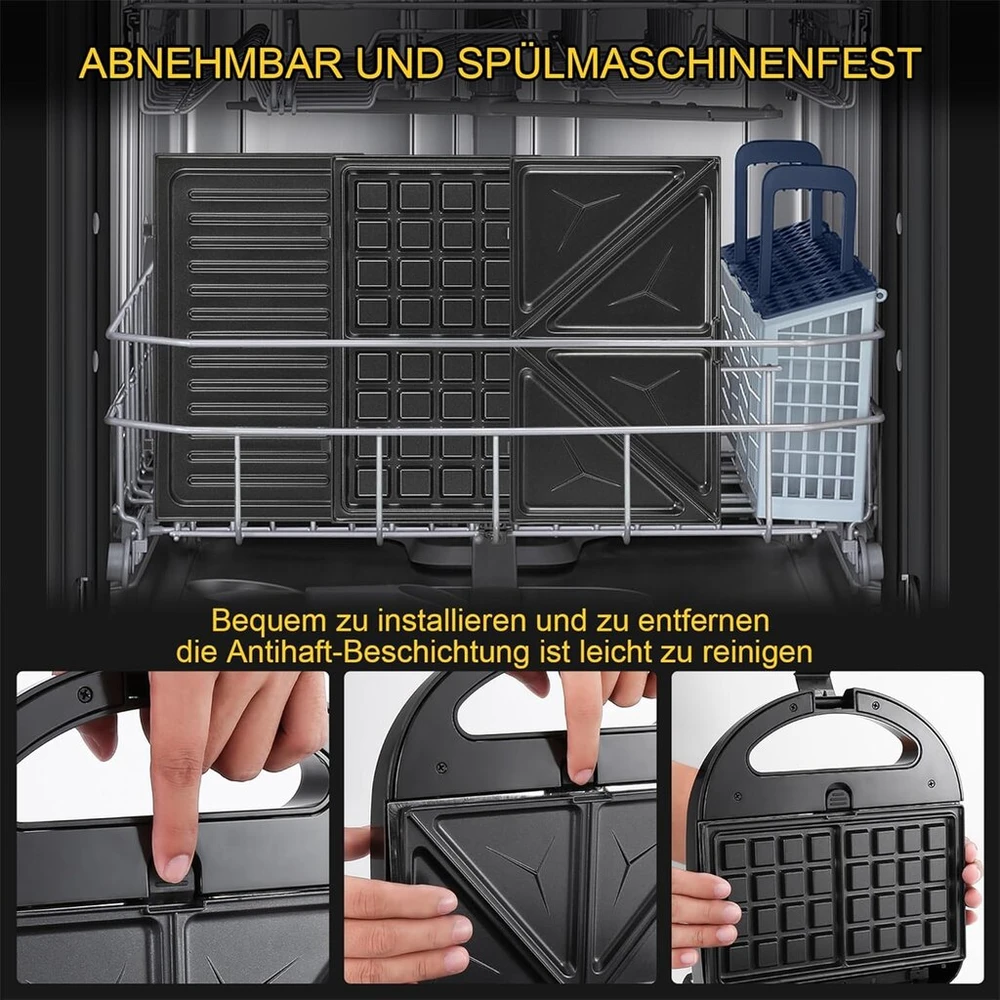 Sumuštinių keptuvas Yashe daugiafunkcis 3-in-1 sumuštinių gaminimo aparatas, sumuštinių skrudintuvas, kontaktinis grilis, vaflių keptuvė, panini aparatas, nelipnia danga dengtos nuimamos plokštės, 750 W, led indikatoriai, be bpa, juodas