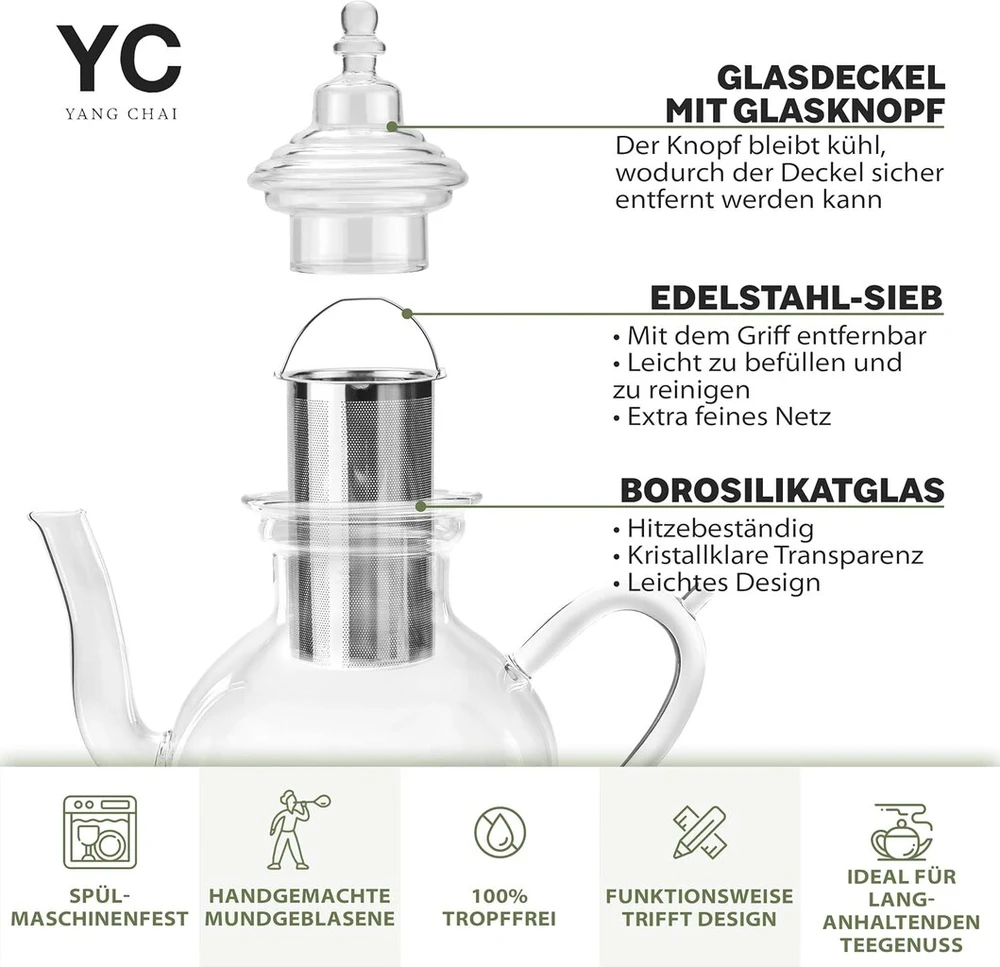 Yc Yang Chai arbatinukas su sietelio įdėklu, 1.15 litro, 3 mm stiklo storis, stiklinis arbatinukas tinkamas naudoti su šildytuvu, stiklinis arbatinukas, sietelio įdėklas pagamintas iš nerūdijančio 304 nerūdijančio plieno, arbatinukas "sahara"