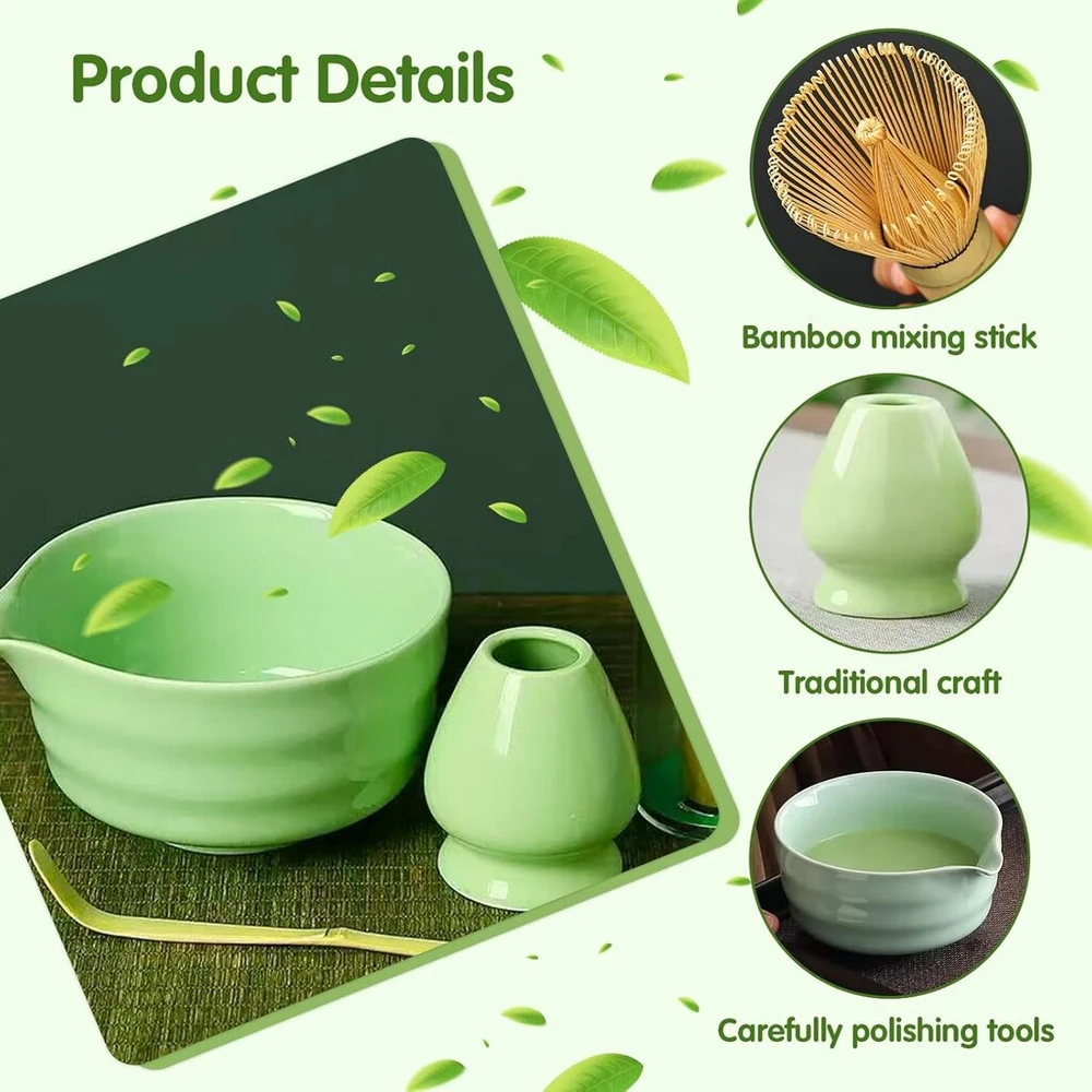 Ydseozoa 5 dalių matcha šluotelės rinkinys, matcha šluotelės rinkinys, matcha dubuo su snapeliu, bambukinė matcha šluotelė, matcha šluotelių rinkiniai matcha gamintojui, dovana matcha mėgėjams (žalias)