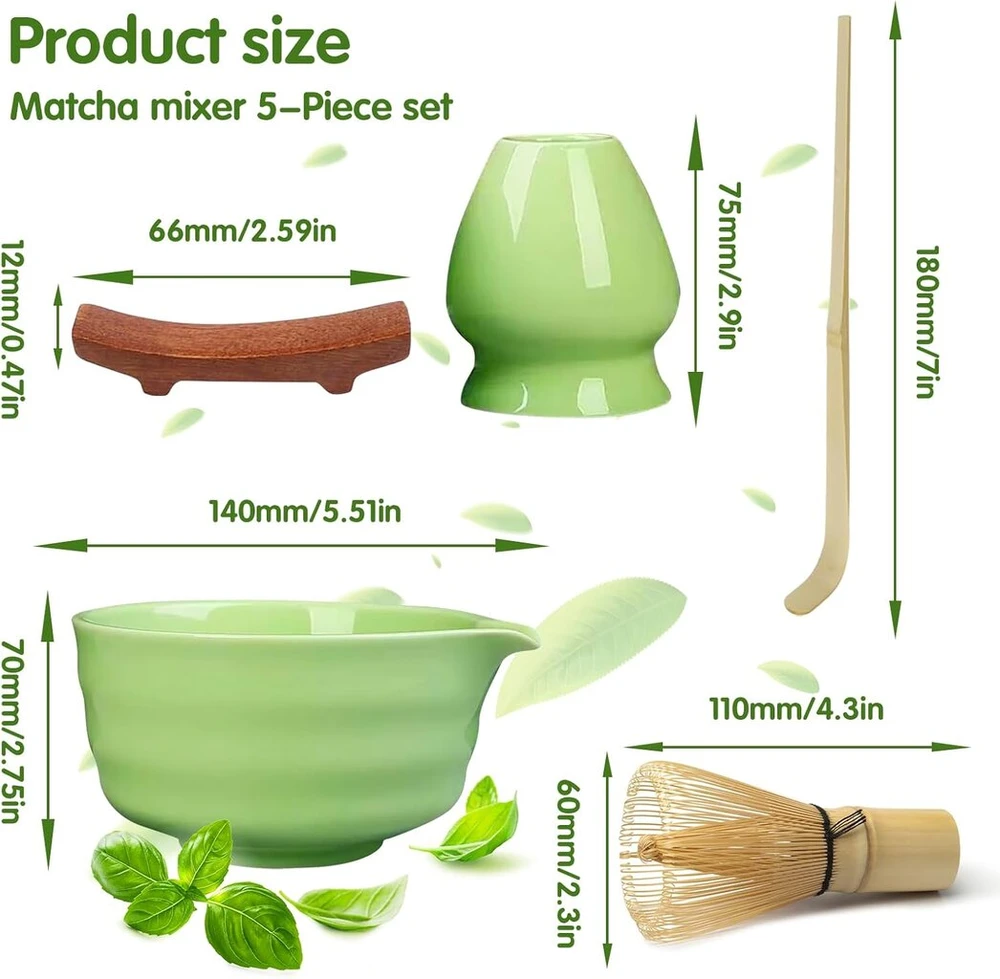 Ydseozoa 5 dalių matcha šluotelės rinkinys, matcha šluotelės rinkinys, matcha dubuo su snapeliu, bambukinė matcha šluotelė, matcha šluotelių rinkiniai matcha gamintojui, dovana matcha mėgėjams (žalias)