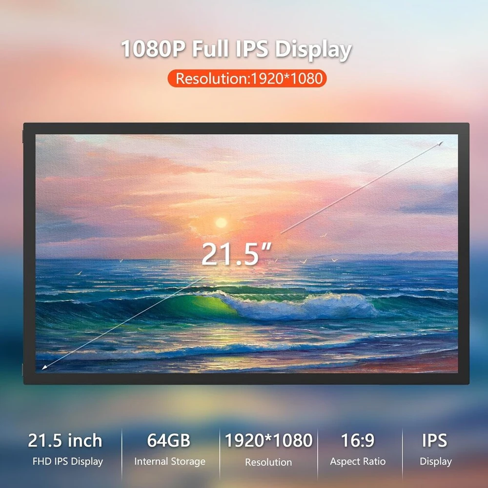 Yenock Skaitmeninis nuotraukų rėmelis 21.5 colio Wifi 64 Gb atminties Skaitmeninis paveikslų rėmelis Fhd Ips jutiklinis ekranas Automatinis pasukimas Montuojamas ant sienos Dalinkitės nuotraukomis/vaizdo įrašais iškart per Frameo programėlę