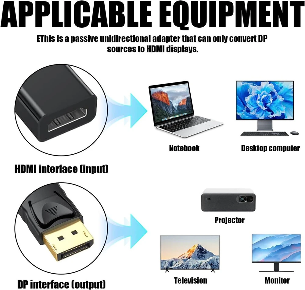 Yingtop 4k Displayport į Hdmi adapteris, vienakryptis Dp į Hdmi adapteris, paauksuota jungtis, Dp į Hdmi adapteris, Plug & Play, suderinamas su nešiojamu kompiuteriu, kompiuteriu, monitoriumi, televizoriaus projektoriumi