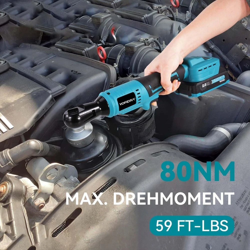 Yofidra 3/8 colio akumuliatorinis terkšlinis raktas 80 Nm, elektrinis terkšlinis raktas be šepetėlių su 2 x 2.0 Ah akumuliatoriais, belaidis terkšlinis raktas 300 Rpm, 9 galvučių rinkinys automobilių, motociklų ir dviračių remontui