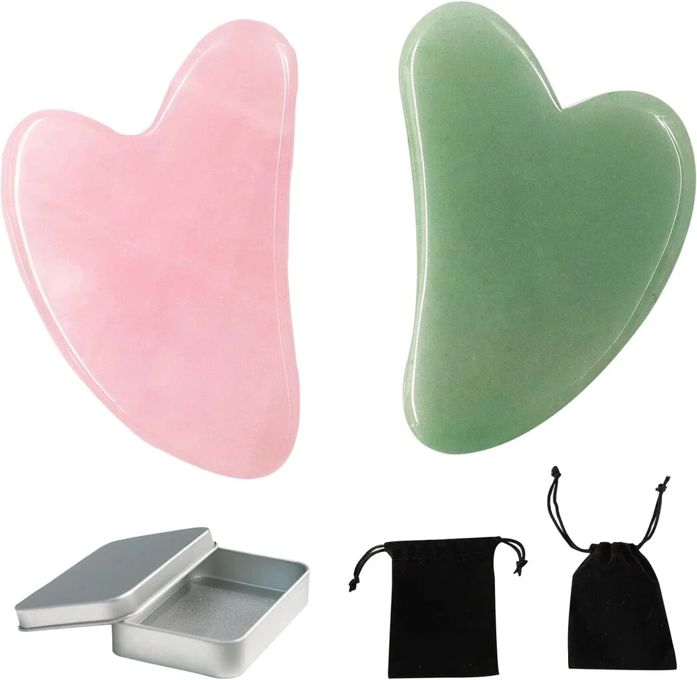 Yolistar 2 dalių gua sha masažo įrankis, gua sha veido įrankis veidui ir kūnui su 2 x velvetiniu maišeliu, širdies formos gua sha jadeitas, dovana odos priežiūrai