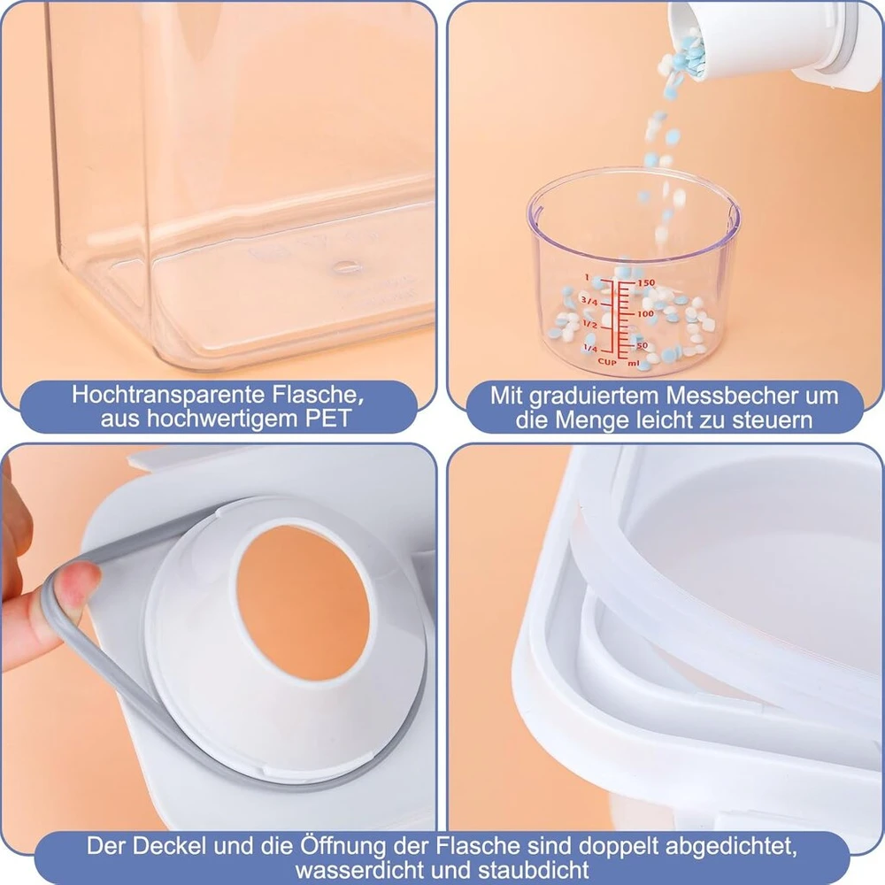 Yooler 1100 ml hermetiškas ploviklio dozatorius su matavimo taurele, 2 vnt. skalbimo priemonių laikymo dėžutė, universalus konteineris skalbimo milteliams, skalbinių kvepalams, dribsniams