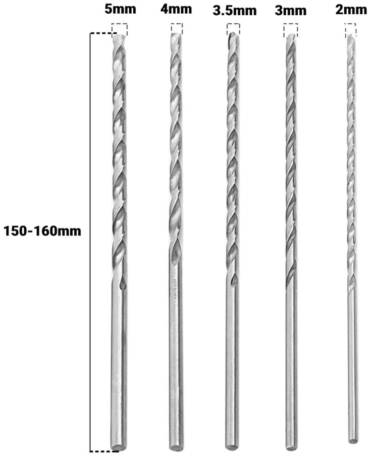 Ypač ilgi suktuko grąžtai, 2-5 mm, 150-160 mm ilgio