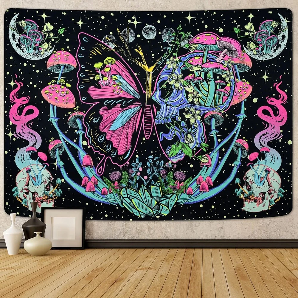 Yrendenge Fluorescentinis gobelenas, drugelio grybo sienų danga, kaukolės mėnulio fazės gobelenas, poliesterio gobelenas, miegamojo bendrabučio estetinė sienų dekoracija 210 x 150 cm