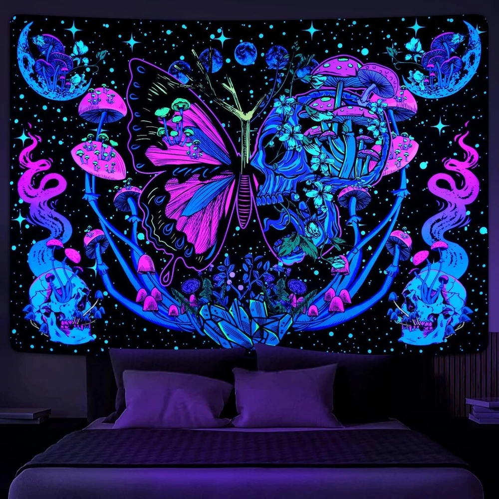 Yrendenge Fluorescentinis gobelenas, drugelio grybo sienų danga, kaukolės mėnulio fazės gobelenas, poliesterio gobelenas, miegamojo bendrabučio estetinė sienų dekoracija 210 x 150 cm