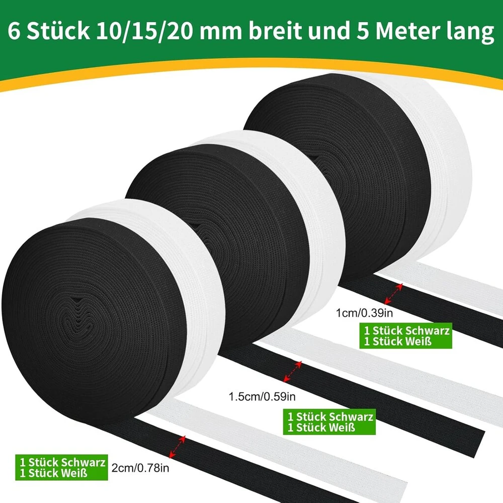 Ysimple 30 m elastinė juosta siuvimui - juoda balta elastinė juosta plati juosmeniui 10/15/20 mm, 6 vnt. pakuotė, lengvai nedeformuojama elastinė juosta dantukams, elastinė juosta siuvimui "pasidaryk pats", drabužiams ir