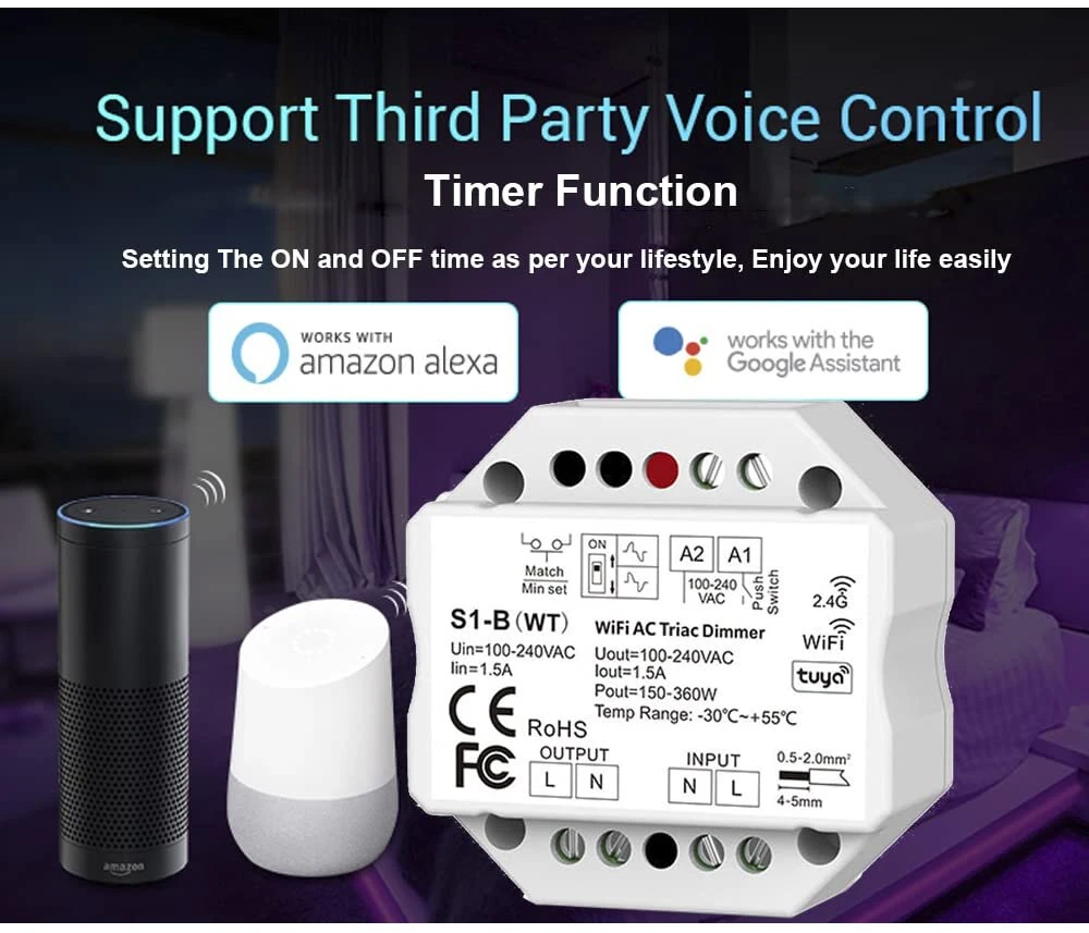Ysrsai įleidžiamas reguliatorius ac triac led reguliatorius wifi su 2.4g rf nuotolinio valdymo transformatoriaus belaidžiu jungikliu, skirtas smart life app amazon alexa google home