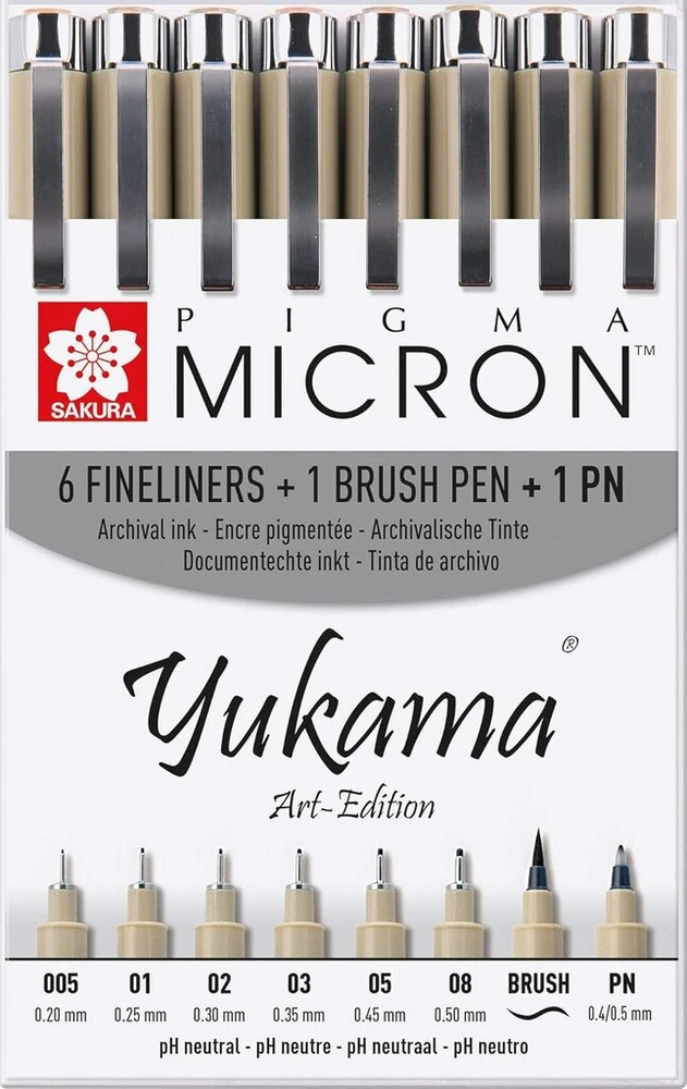Yukama Sakura Pigma Art Edition rinkinys, 8 vnt.: 6 Pigma Micron Fineliners + 1 Pigma Pen + 1 Pigma Pn Pen, juodi