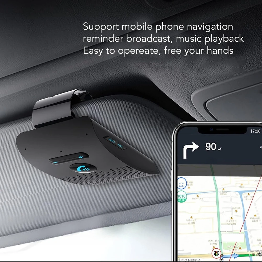 Yunseity Bluetooth automobilinis garsiakalbis, Bluetooth 5.0 laisvų rankų įranga mobiliesiems telefonams su skydelio spaustuku, automatinis įjungimas/išjungimas, balso transliavimas, dvigubas mobiliojo telefono prijungimas