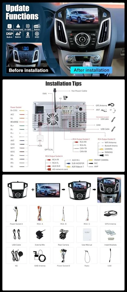 Automagnetola Yuntx 9 colių android 14 automobilinis radijas ford focus 2011-2019| octa core | 6gb 128gb | integruotas 4g lte | carplay & android car | dsp | dab | hdmi | dual band wifi | bluetooth