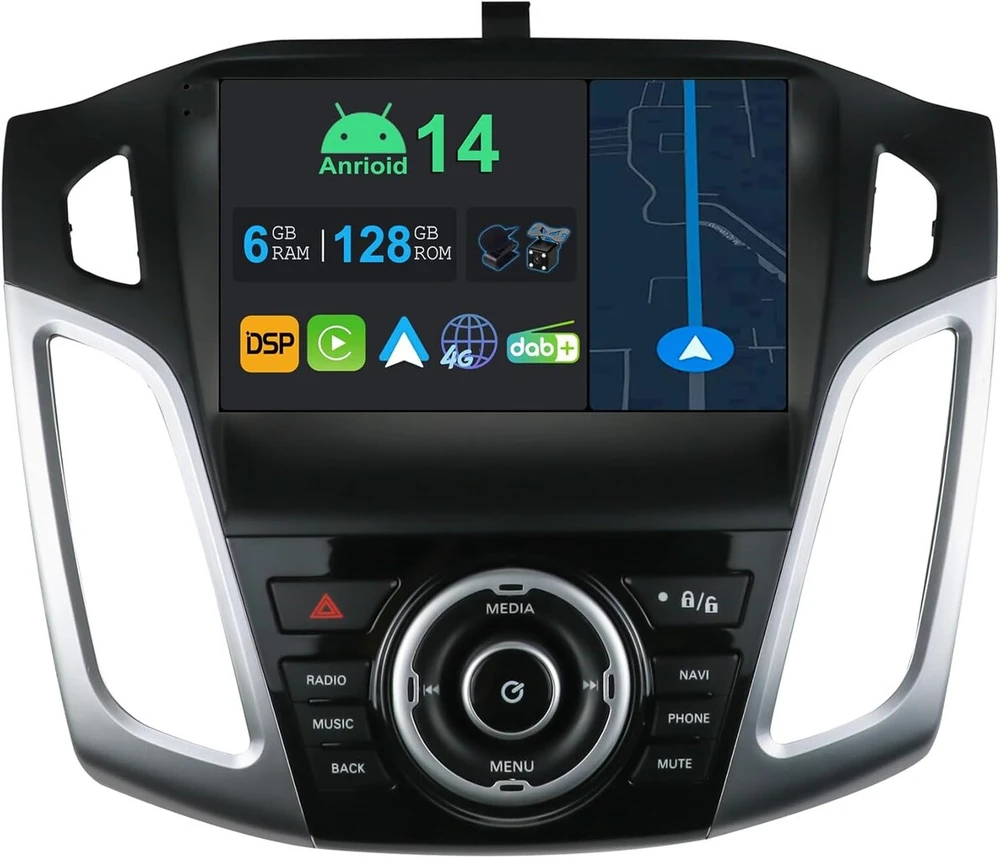 Automagnetola Yuntx 9 colių android 14 automobilinis radijas ford focus 2011-2019| octa core | 6gb 128gb | integruotas 4g lte | carplay & android car | dsp | dab | hdmi | dual band wifi | bluetooth