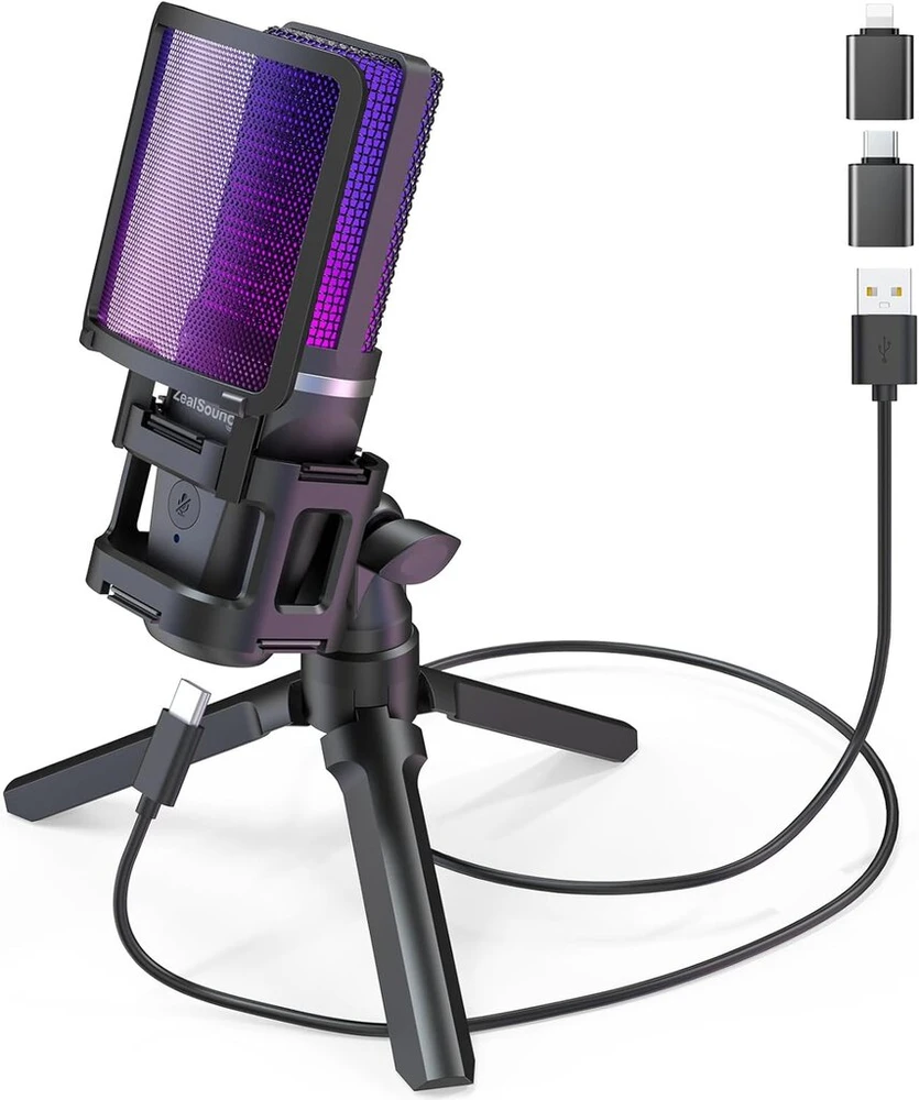 Zealsound žaidimų usb mikrofonas kompiuteriui, skirtas transliacijoms, podcast'ams, studijai, ps4 ps5 mac mobiliesiems telefonams, su type-c adapteriu, rgb valdymu, nutildymo mygtuku, trikoju, pop filtru ir amortizatoriumi, ausinių lizdu