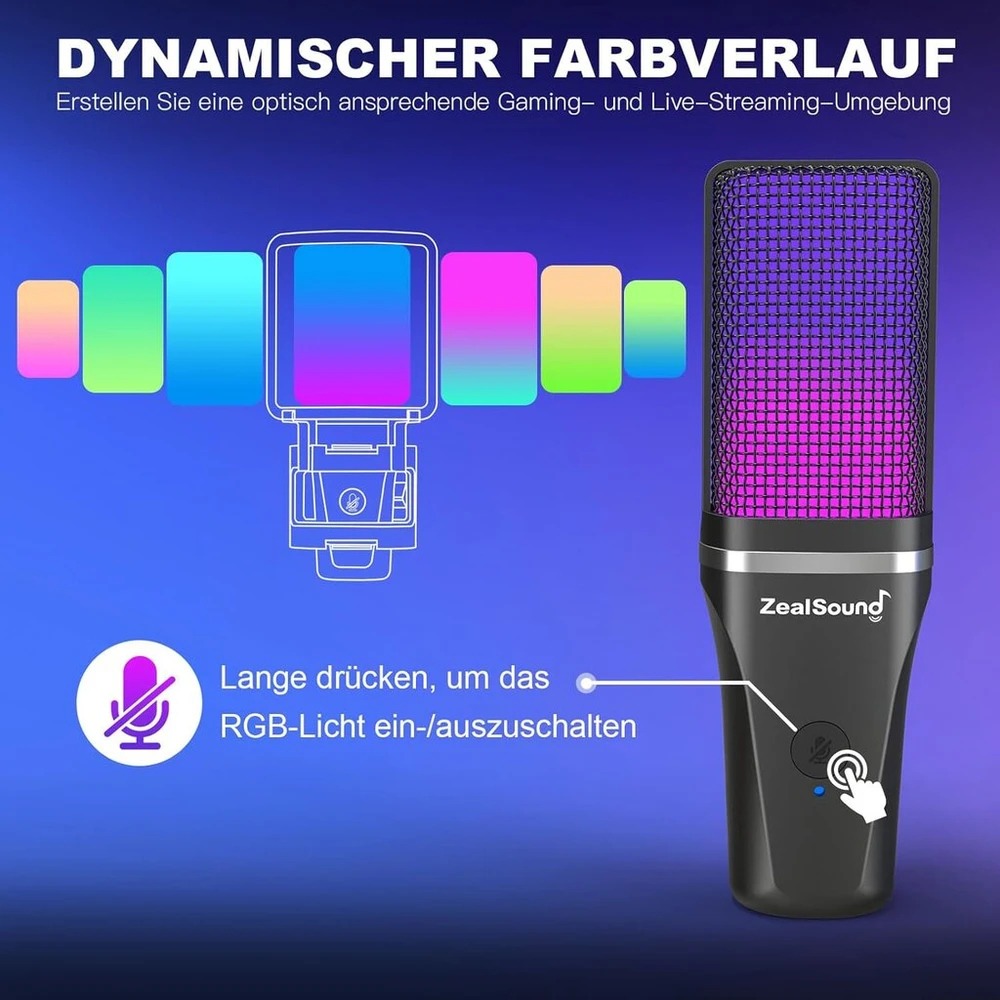 Zealsound žaidimų usb mikrofonas kompiuteriui, skirtas transliacijoms, podcast'ams, studijai, ps4 ps5 mac mobiliesiems telefonams, su type-c adapteriu, rgb valdymu, nutildymo mygtuku, trikoju, pop filtru ir amortizatoriumi, ausinių lizdu