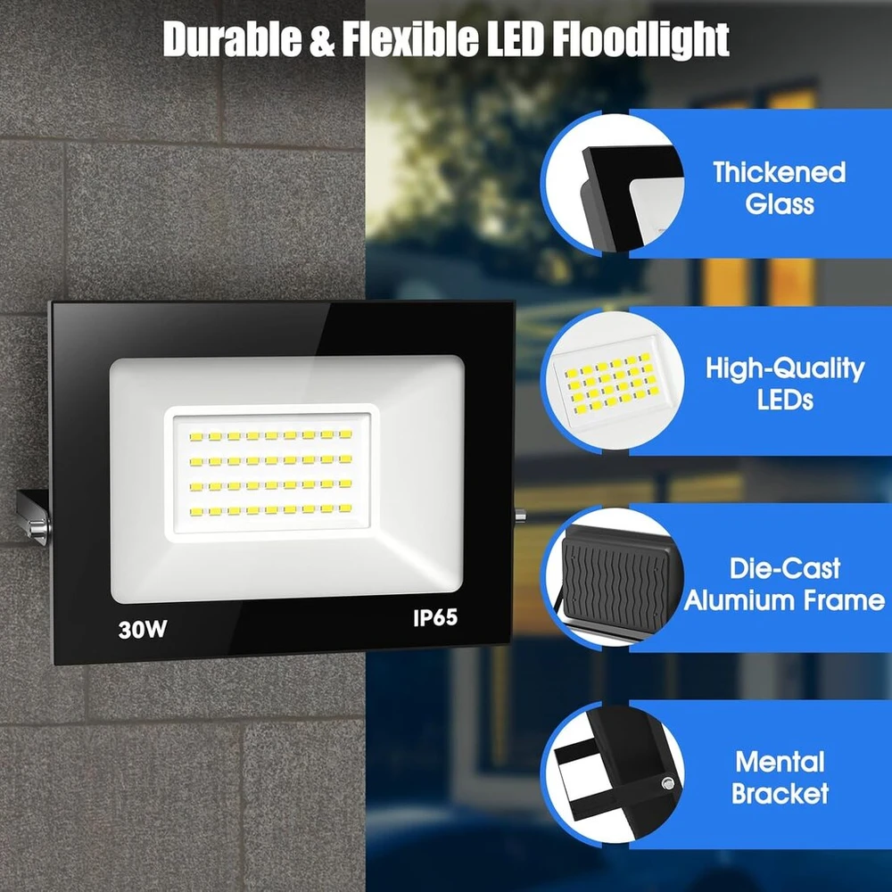 Zelvia 30 W led lauko prožektorius, 3000 lm itin ryškus led prožektorius, 6000 K šaltai baltas lauko prožektorius, ip65 vandeniui atsparus prožektorius sporto aikštelei, garažui, sodui, kiemui (1, 30 W šaltai balta)