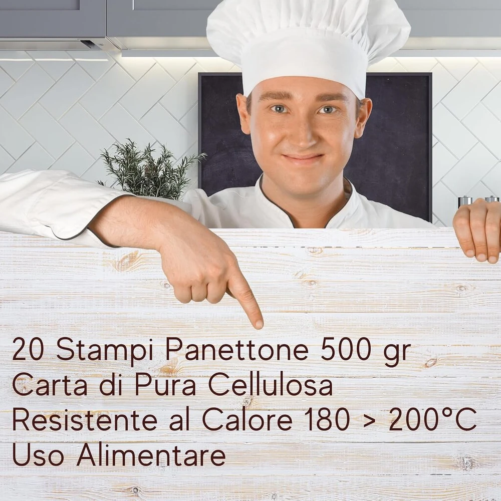 Žema "panettone" forma (20 vnt. pakuotė - 500g) - profesionalus grynas mikropluošto celiuliozinis popierius, popierinė forma "panettone" ir kitoms tešloms, atspari karščiui 220°c