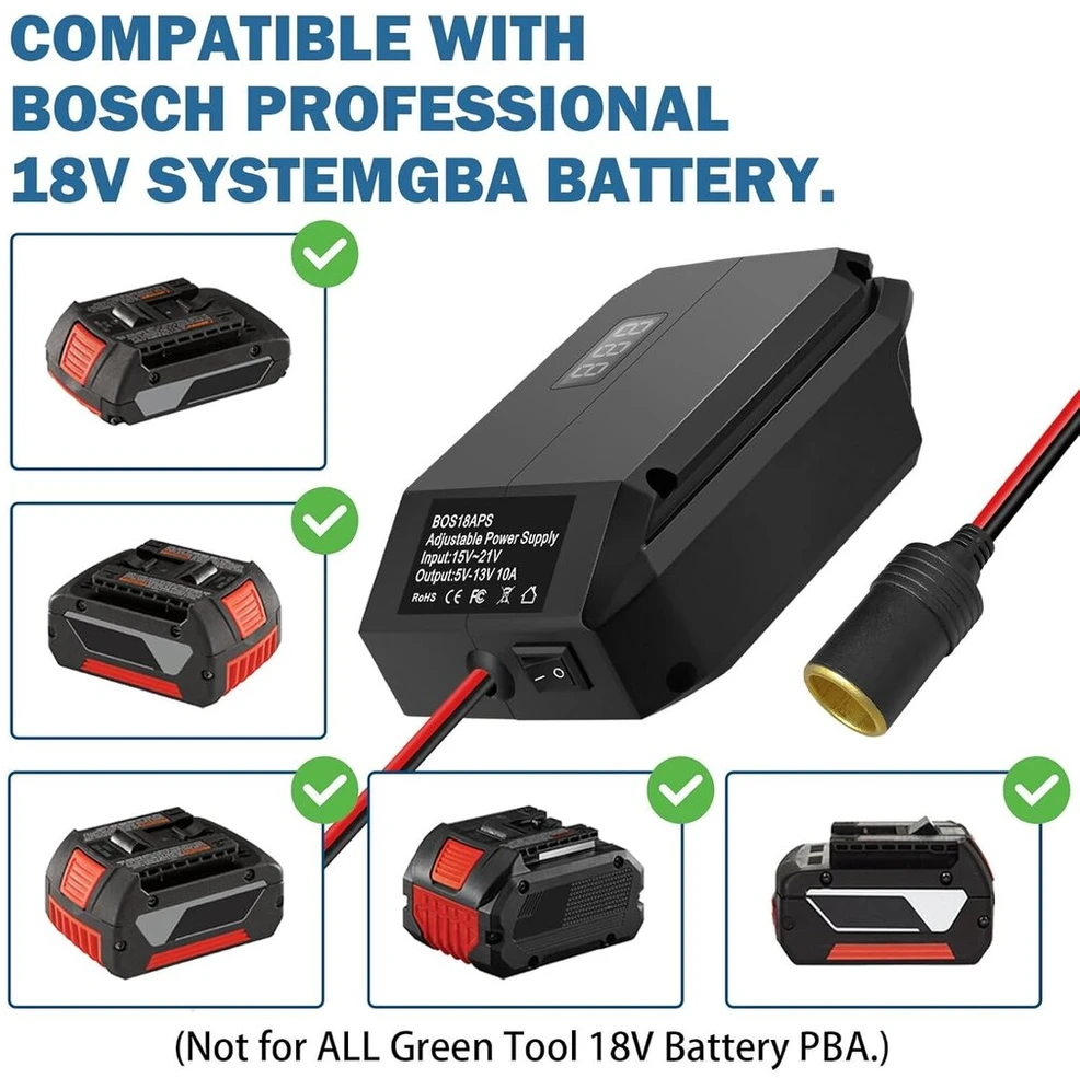 Žemyninis konverteris bosch gba 18v į 12v, maitinimo jungtis automobilių įrenginiams, „pasidaryk pats“ įkroviklio buck konverterio maitinimo stotis, cigarečių degiklio adapteris buck adapteris automobiliniam šaldytuvui