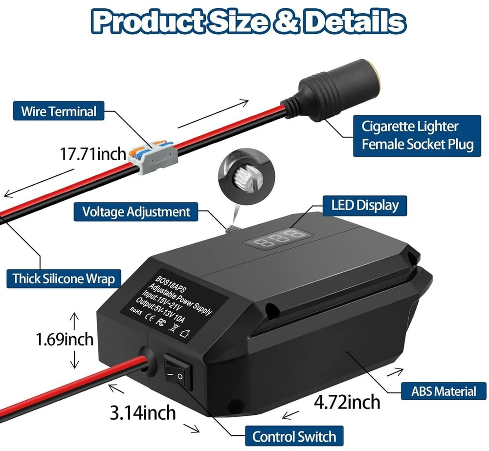 Žemyninis konverteris bosch gba 18v į 12v, maitinimo jungtis automobilių įrenginiams, „pasidaryk pats“ įkroviklio buck konverterio maitinimo stotis, cigarečių degiklio adapteris buck adapteris automobiliniam šaldytuvui