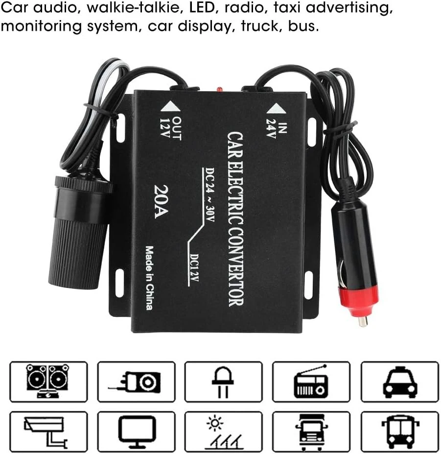 Žemyninis maitinimo šaltinis, galios keitiklis Dc 24 V į 12 V sunkvežimio adapteriui, 24 V į 12 V įtampos keitiklis, automobilinis keitiklis, įtampos mažintuvas 20 A, automobilinis maitinimo šaltinio keitiklis, žiebtuvėlio tipas