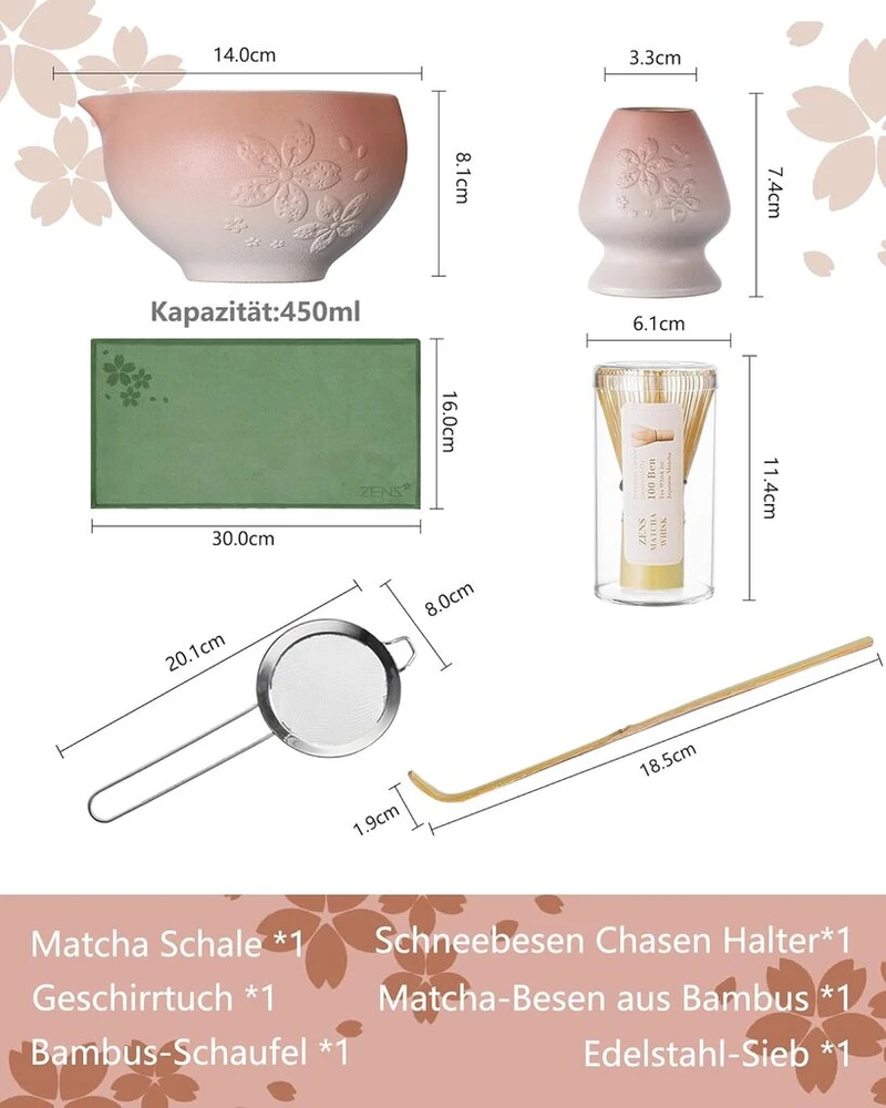 Zens Matcha rinkinys rožinis, Matcha arbatos rinkinys su Matcha Bom, keramikos Matcha dubuo ir šluotelės laikiklis, Matcha miltelių sietelis ir šaukštelis bei arbatos rankšluostis Matcha ceremonijai, dovana Matcha mėgėjams, Sakura rožinė