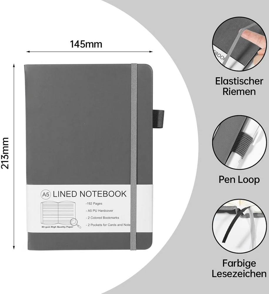 Zephyrnote A5 formato užrašų knygelė su linijomis, kietu viršeliu, aukštos kokybės 80 g/m² popieriumi, dienoraščio knyga su 192 puslapiais, vidine kišene, rašiklio kilpele, elastine juostele, dirbtinės odos viršeliu, 14,5 x 21,3 cm (žydra)