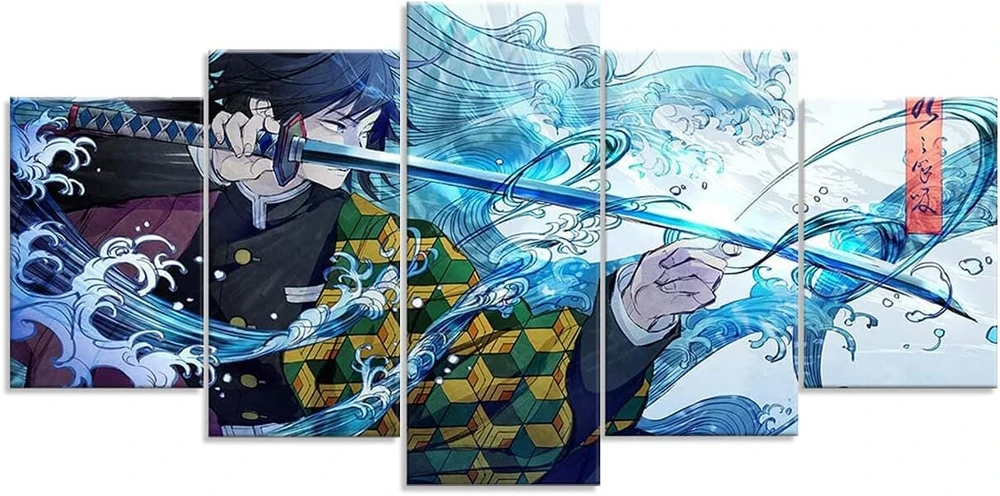 Zhongyutong 5 dalių drobės paveikslas su rėmu demon slayer plakatas kimetsu japoniškas anime figūrėlė tanjiro meno atspaudai hd tapyba svetainės dekoravimui (150 x 80 cm)