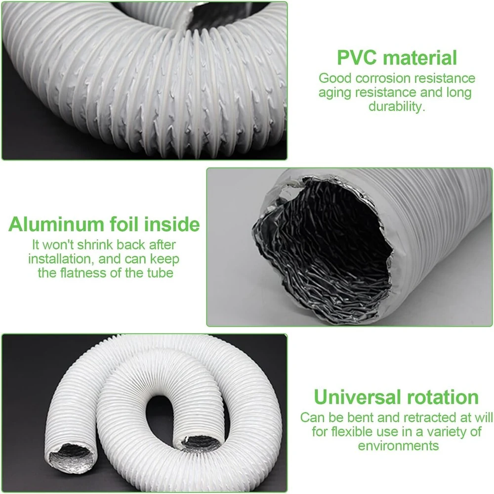 Zigefofo išmetimo žarna, balta, 150 mm skersmens, 3 m ilgio, aliumininė lanksti pvc aliuminio vamzdžio žarna su 2 žarnos spaustukais iš nerūdijančio plieno, skirta oro kondicionieriams, džiovyklėms, gartraukiams, mobiliesiems oro kondicionieriams