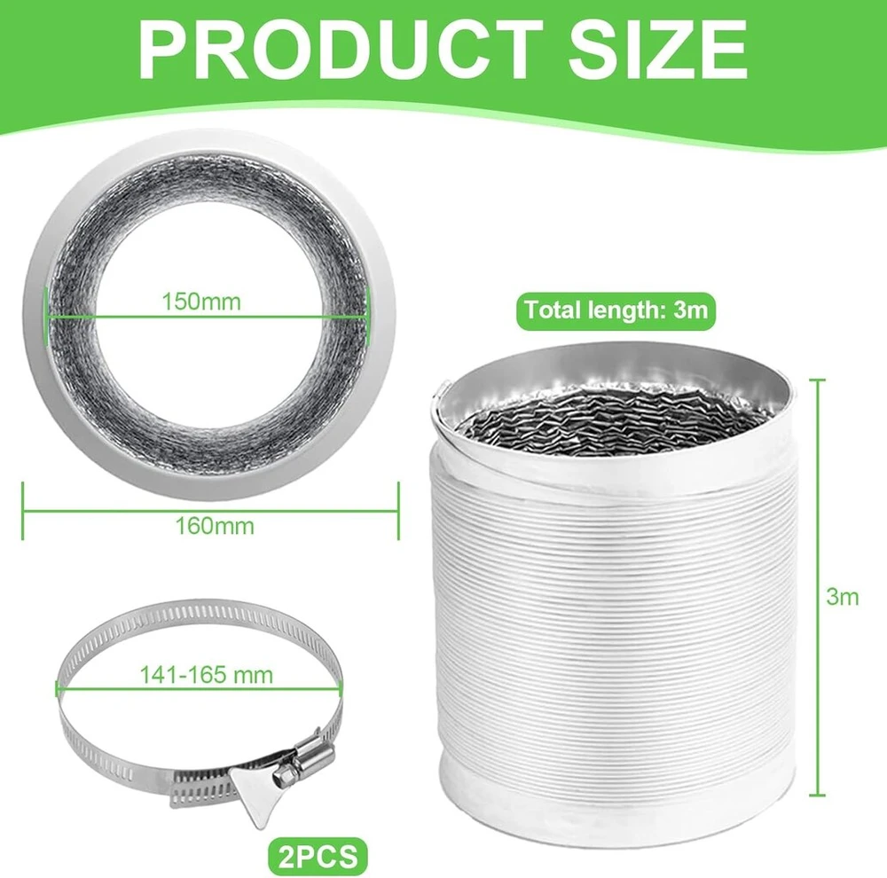 Zigefofo išmetimo žarna, balta, 150 mm skersmens, 3 m ilgio, aliumininė lanksti pvc aliuminio vamzdžio žarna su 2 žarnos spaustukais iš nerūdijančio plieno, skirta oro kondicionieriams, džiovyklėms, gartraukiams, mobiliesiems oro kondicionieriams
