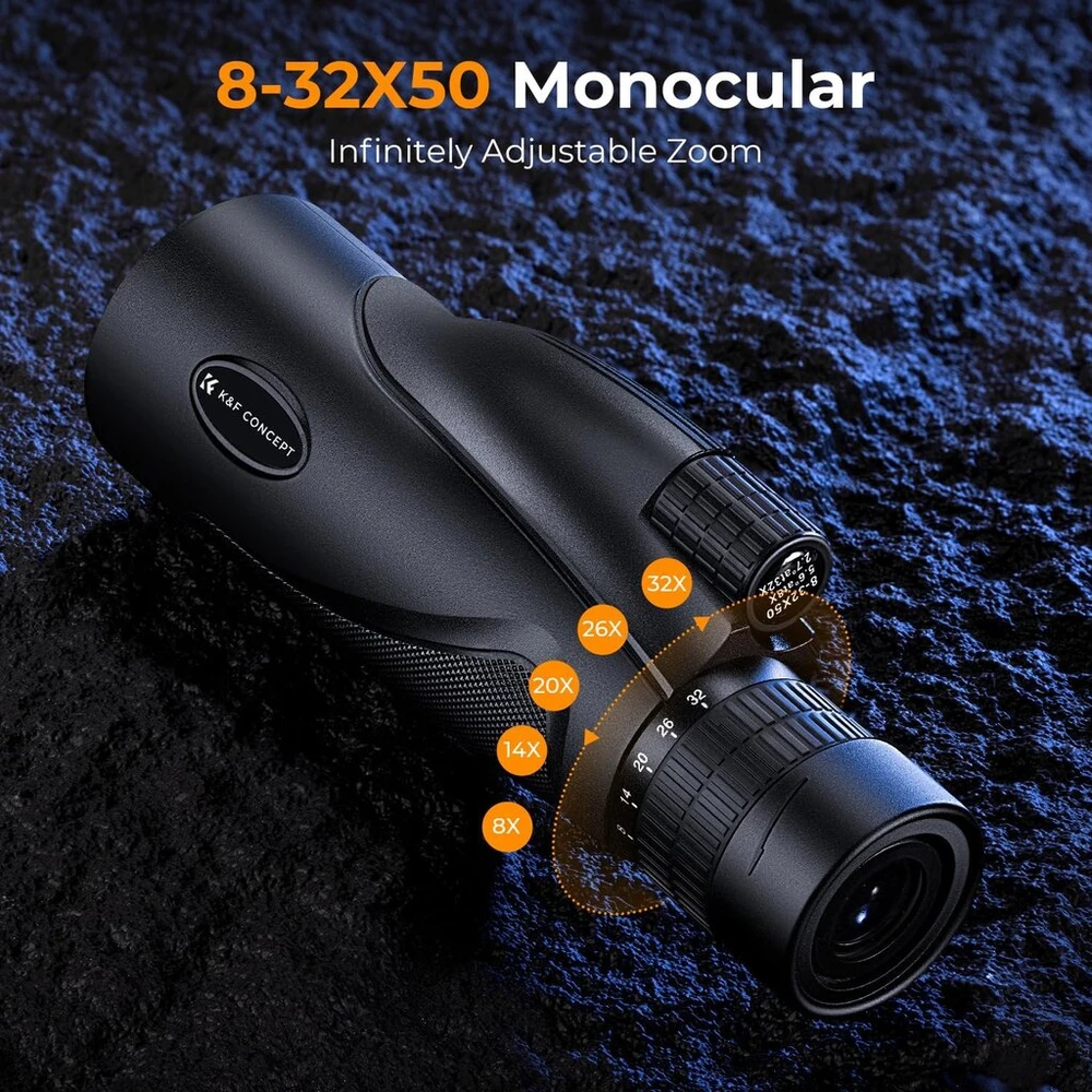 Žiūronai K&f Concept 8-32 x 50 Hd monokuliarinis teleskopas su nuolatiniu priartinimu, su mobiliu telefono spaustuku, skirtas paukščių stebėjimui, medžioklei, žygiams, koncertams