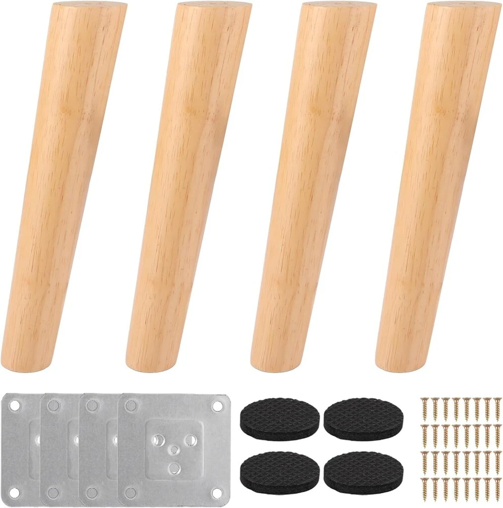 Zofun 4 medinių baldų kojelių rinkinys, 25 cm, medinės stalo kojos, vientisa mediena, pasvirusios smailėjančios pakaitinės baldų kojelės, spintelių kojelės, baldų kojelės su tvirtinimo plokštelėmis ir varžtais sofai, lovai