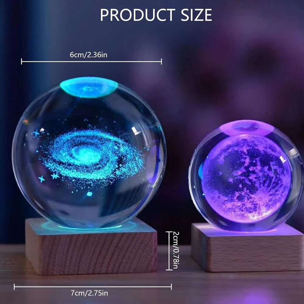 Zoomarlous 3d krištolinis naktinis šviestuvas, Usb 3d saulės sistemos planetų krištolinis naktinis šviestuvas kūrybingas naktinis peizažas astronomijos Led rutulio lempa su mediniu pagrindu, 3d saulės sistemos krištolo rutulys